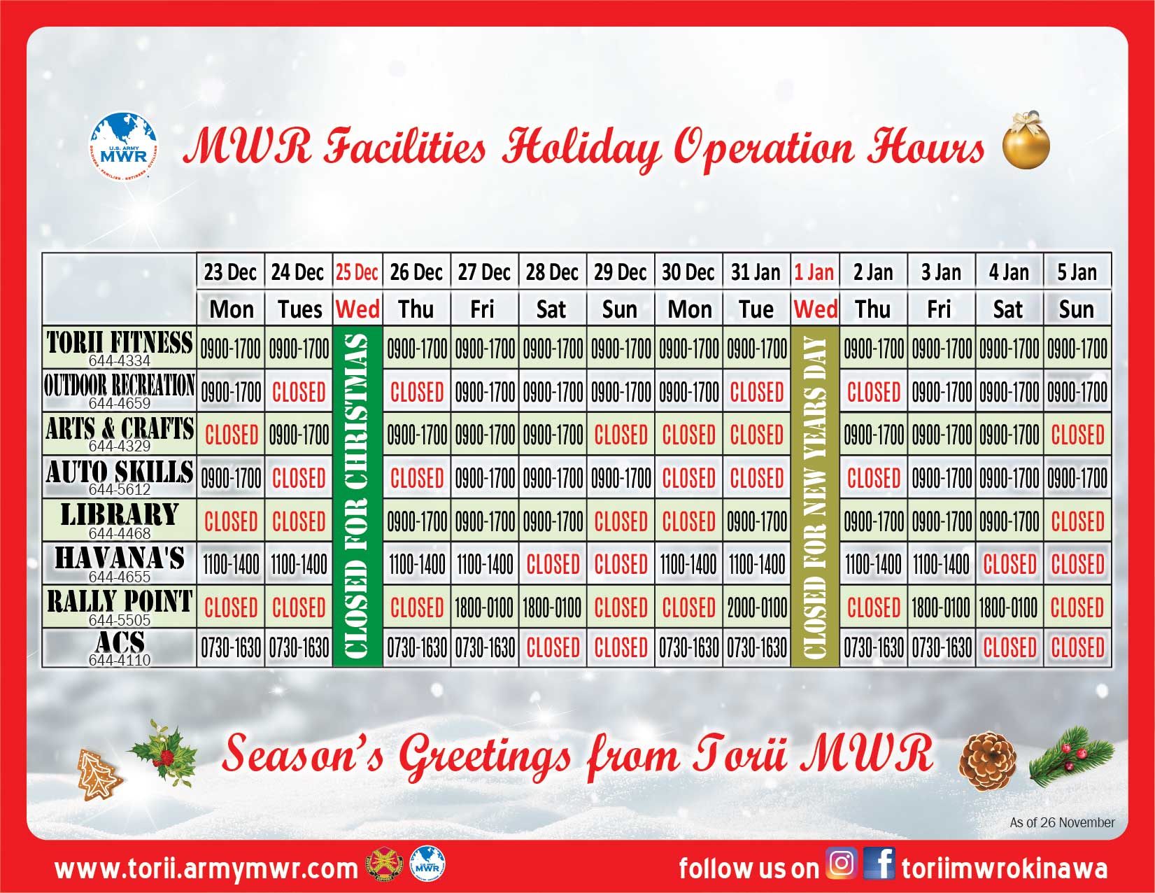 Us Army Mwr Mwr Facilities Holiday Operation Hours For 2019 4300